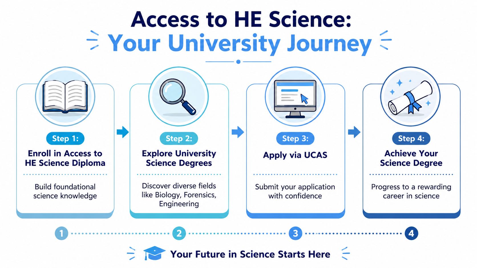 A four-step infographic illustrating the educational path from an Access to HE Science Diploma to graduation.