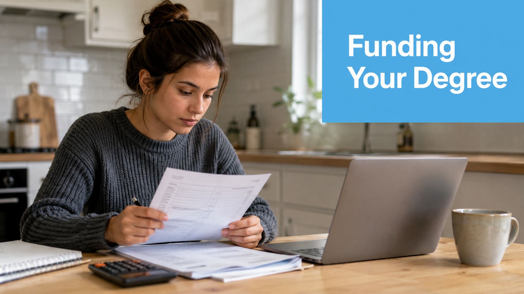 A focused young woman sitting at a kitchen table reviewing financial documents for her education.