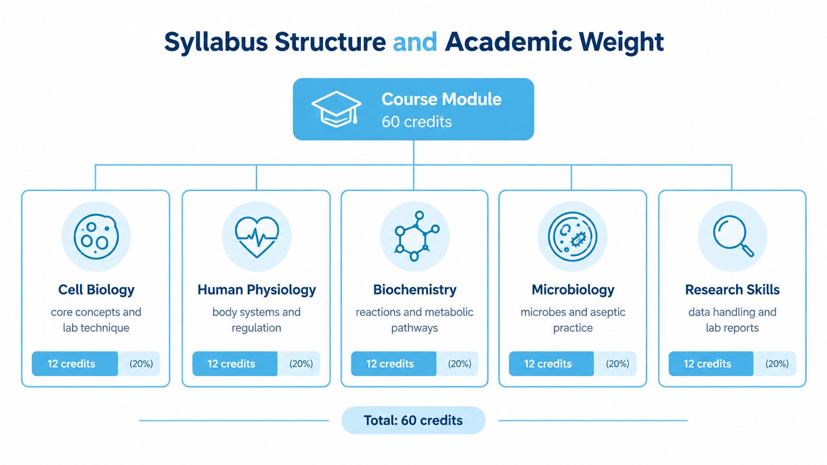 A syllabus structure infographic for a biomedical science access course, showing five modules each worth 12 credits.