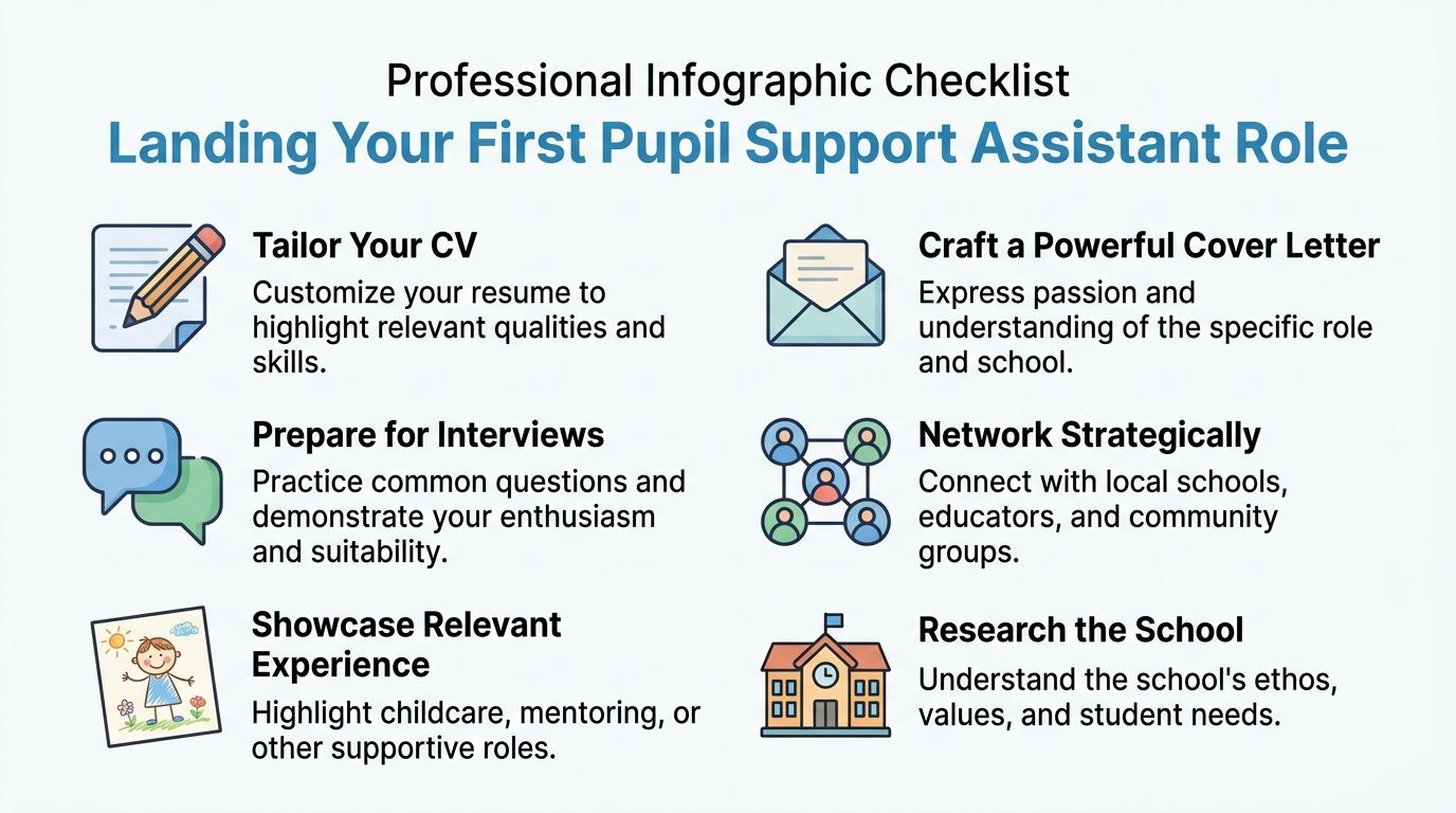 A professional infographic checklist on how to land your first pupil support assistant job role.