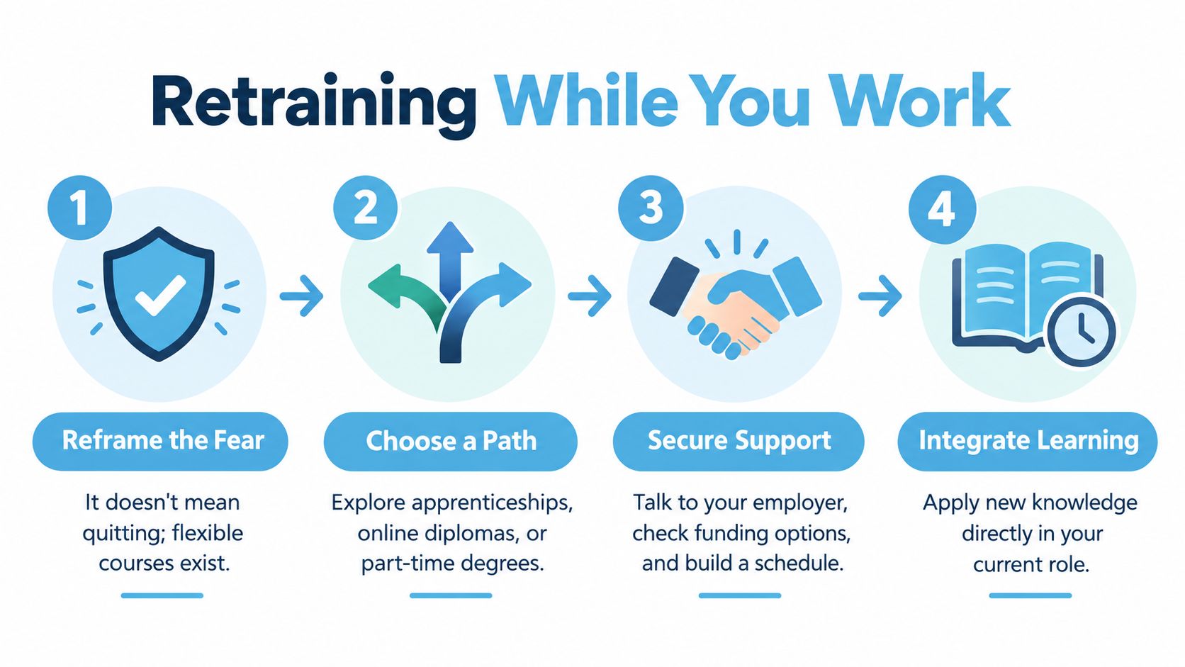 A four-step infographic illustrating how to successfully retrain for a new career while still working.