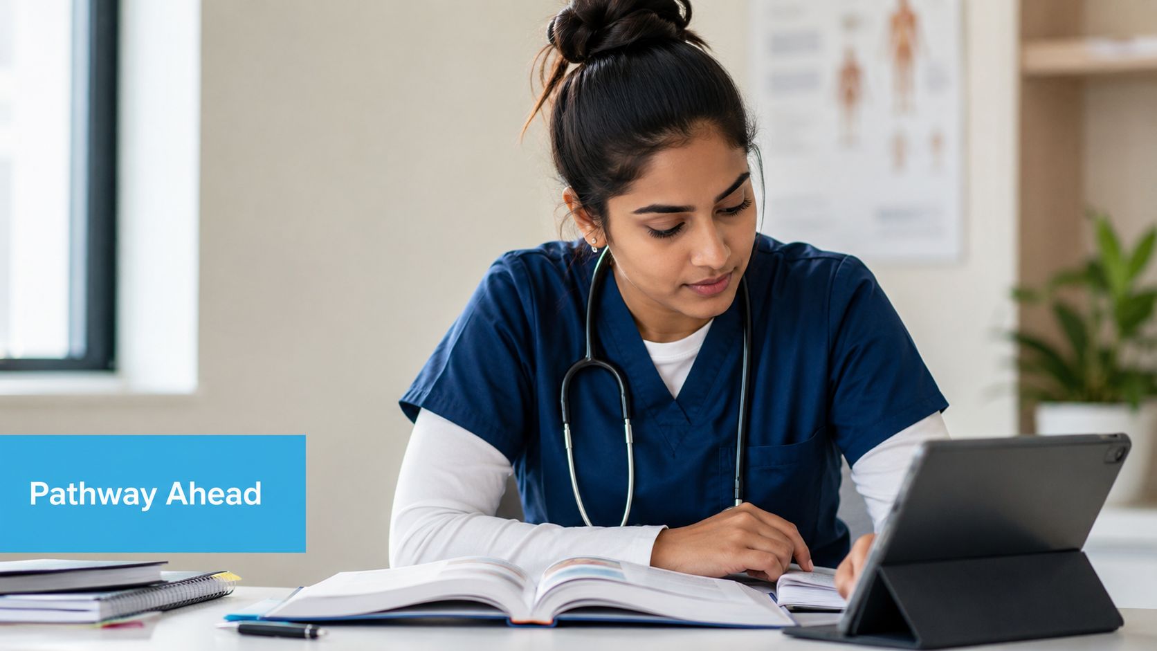 A focused medical student wearing scrubs and a stethoscope studying from a textbook and a tablet computer.