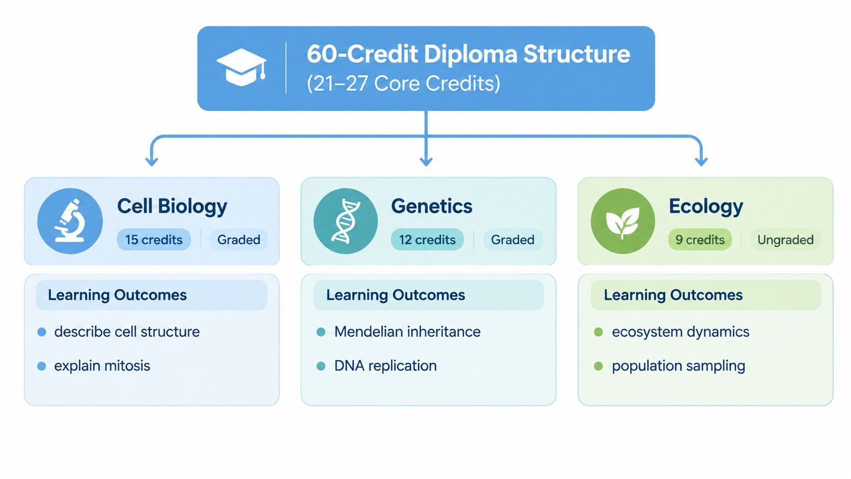 A diagram outlining a 60-credit biology diploma structure with three core subjects: Cell Biology, Genetics, and Ecology.