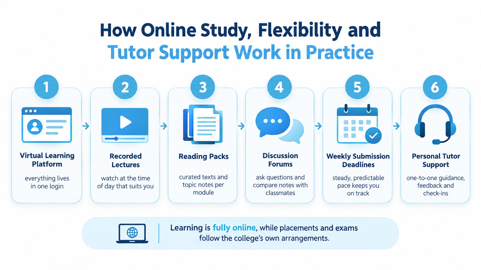 A diagram outlining six steps of the online learning process including platform, lectures, reading, forums, deadlines, and tutoring.