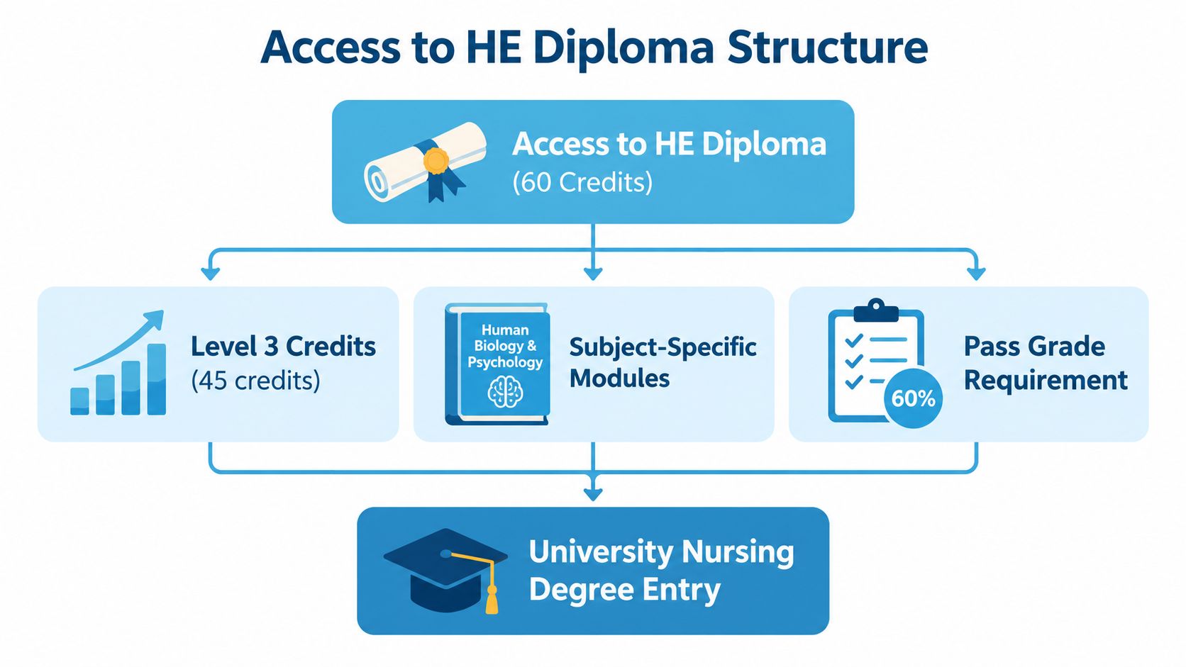 A diagram outlining the Access to HE Diploma requirements for entering a university nursing degree program.