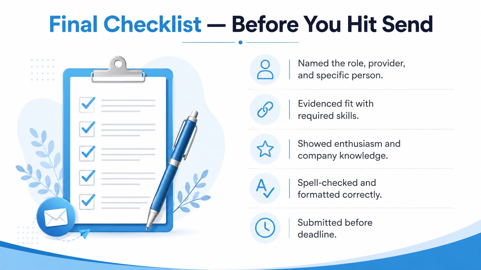 A professional checklist with five key steps to review a job application before hitting the send button.