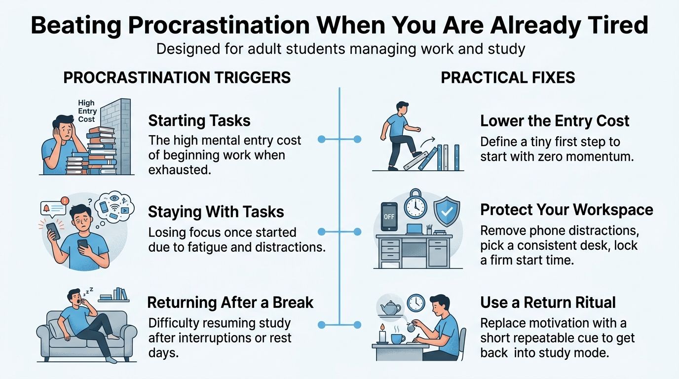 An infographic showing three procrastination triggers and corresponding practical fixes for adult students feeling tired.