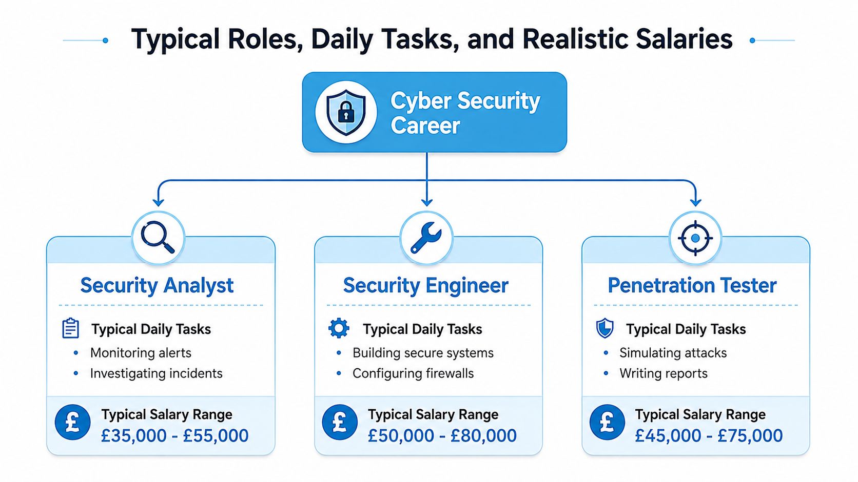 A flow chart outlining typical roles, daily tasks, and salary ranges for cyber security professionals.