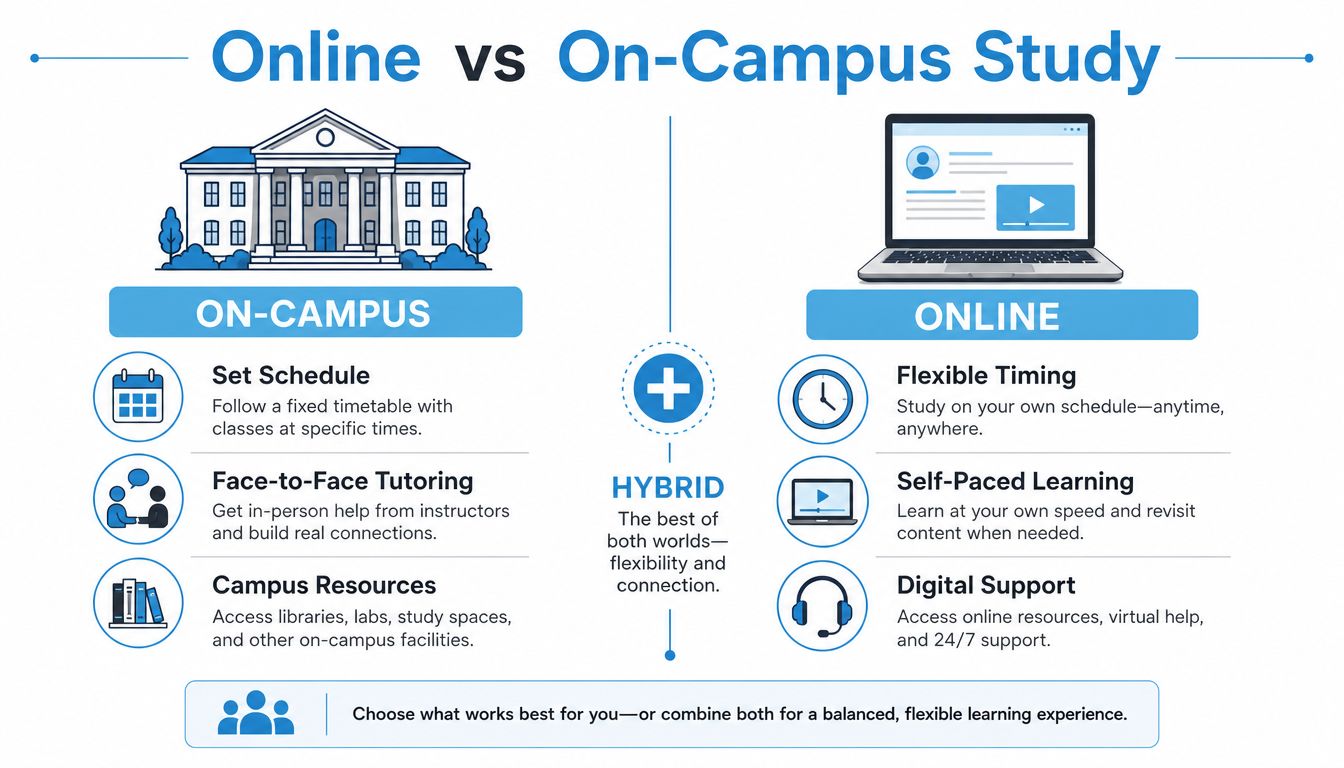 A comparative infographic showing the benefits of online versus on-campus higher education study methods.