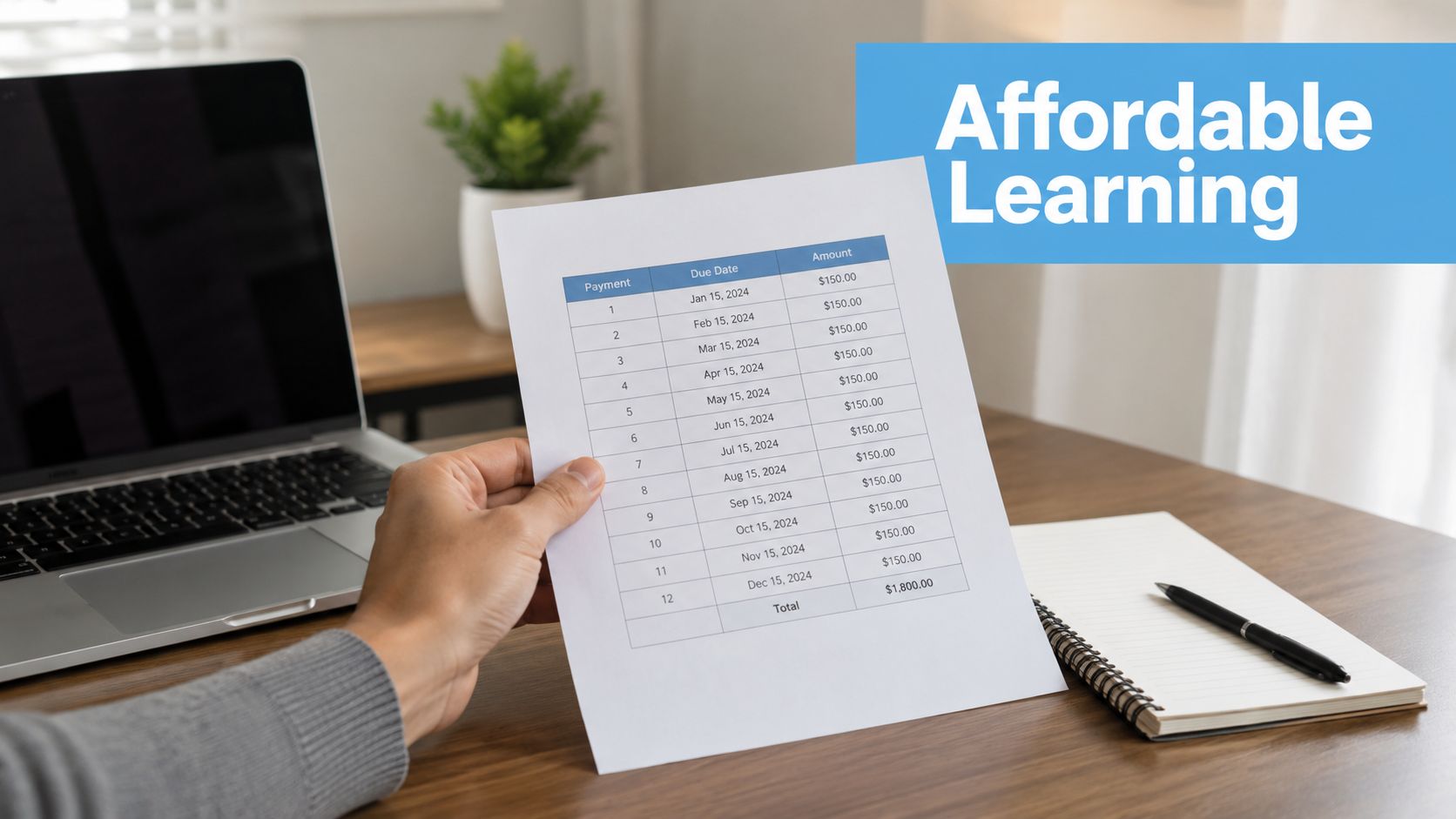 A person holding a document displaying a monthly payment schedule for an affordable learning education program.