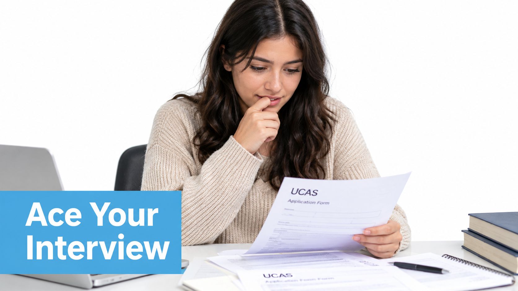 A young woman sits at a desk thoughtfully reviewing a UCAS application form for university admission.