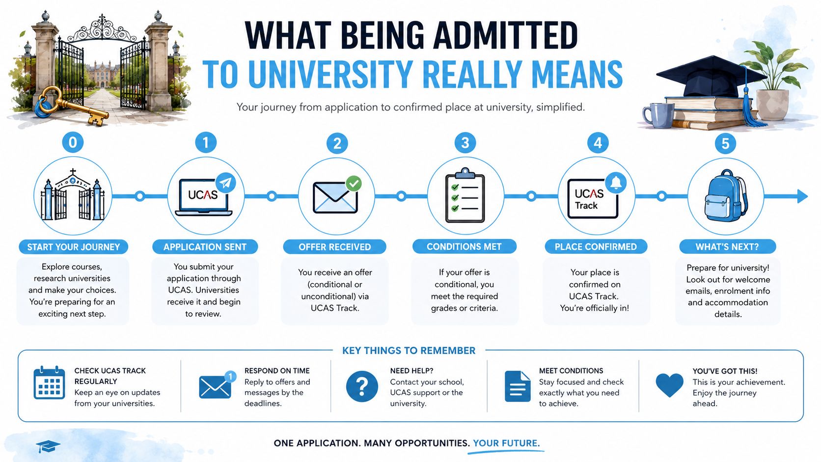 A step-by-step infographic showing the university admission process from initial application to confirmed student enrollment status.