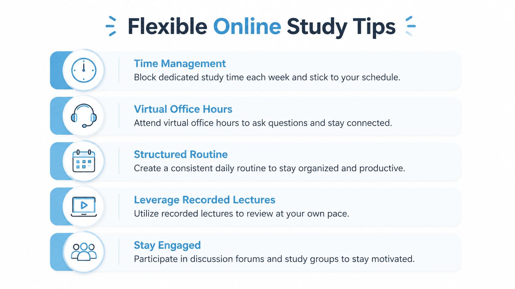 A list of five essential tips for managing and succeeding in flexible online study programs.