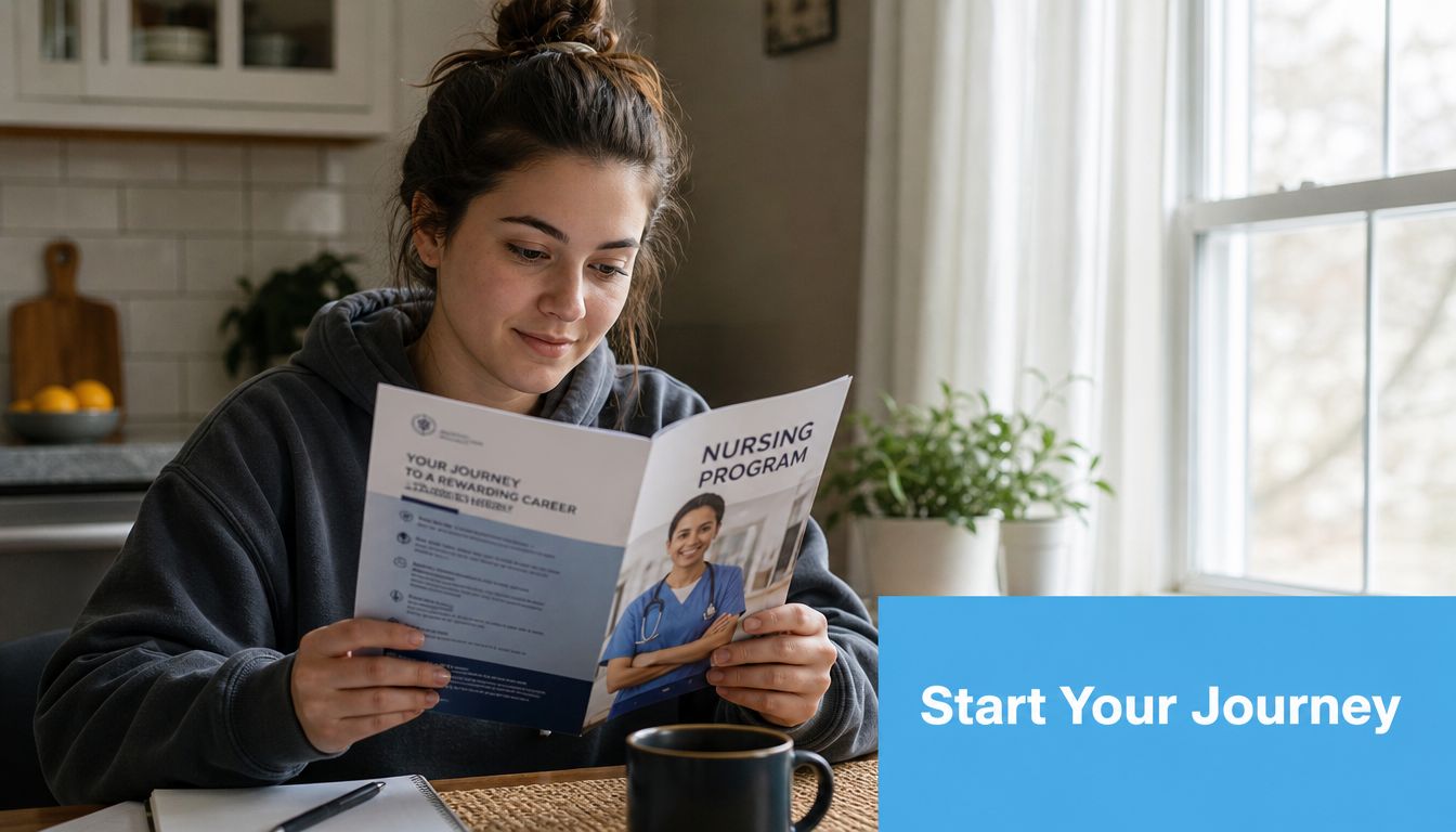 A young woman reading a nursing program information brochure at a table in her home kitchen.