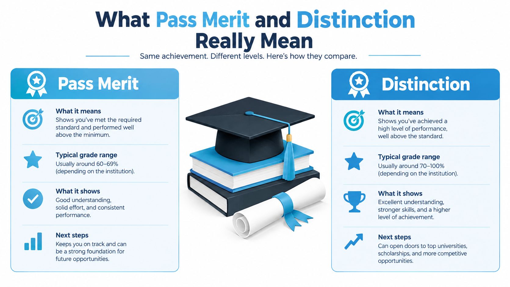 An infographic comparing academic grading criteria, explaining the differences between a Pass Merit and a Distinction grade.