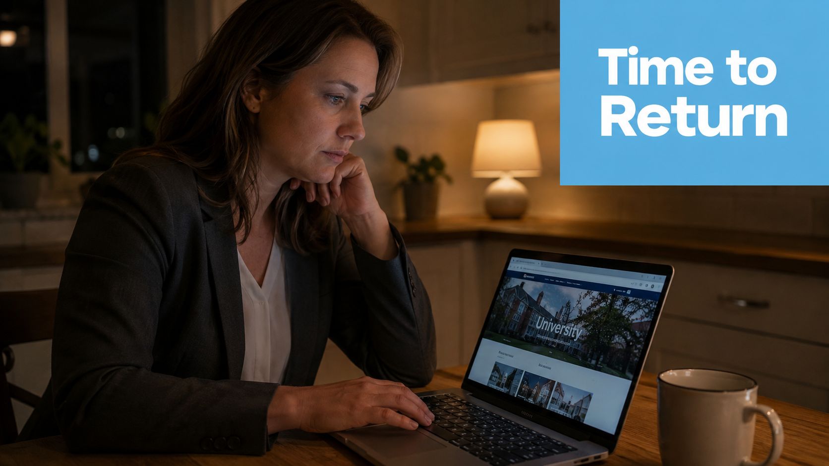 A professional woman in a dark blazer sitting at a wooden table browsing a university website.