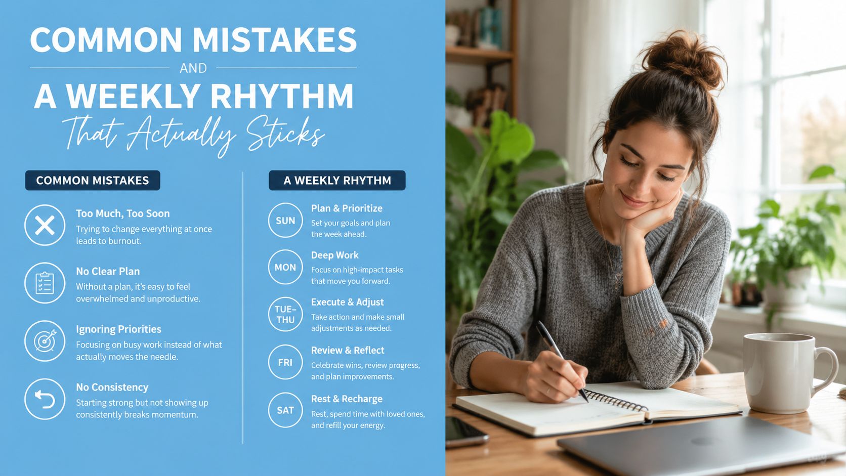 A woman writing in a planner at a table with a graphic listing common productivity mistakes and routines.
