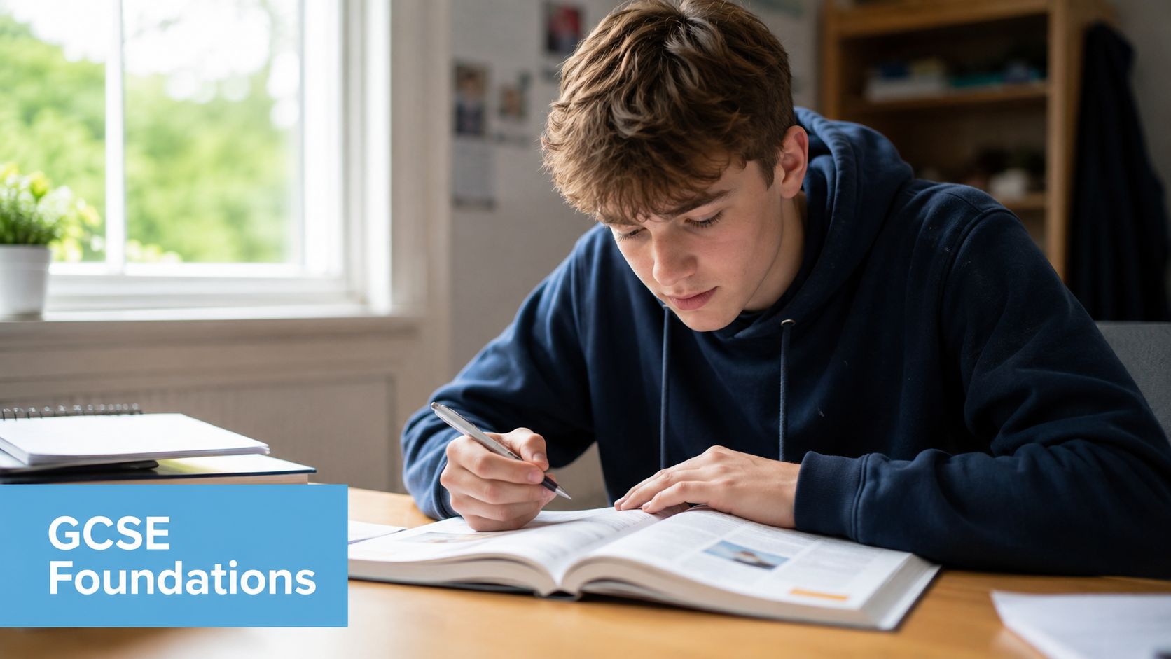 A focused male student studying at a wooden desk with a textbook and pen in a room.