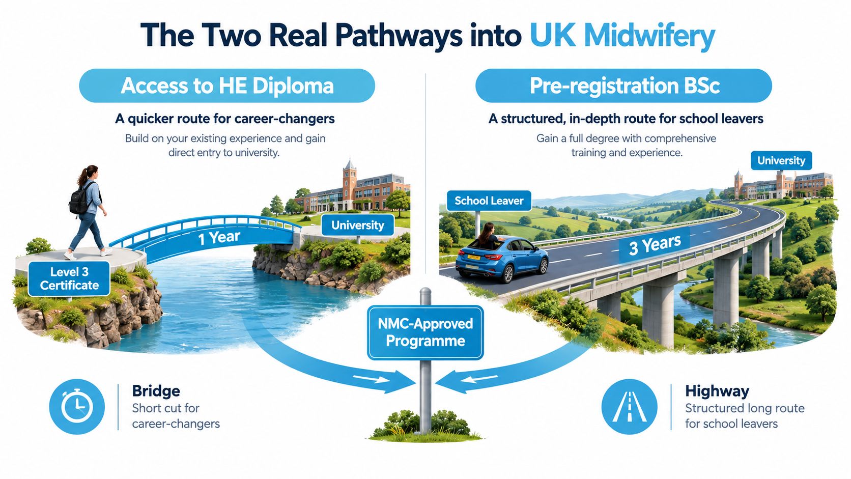 A diagram comparing the two pathways to become a midwife in the UK: Access to HE Diploma and Pre-registration BSc.