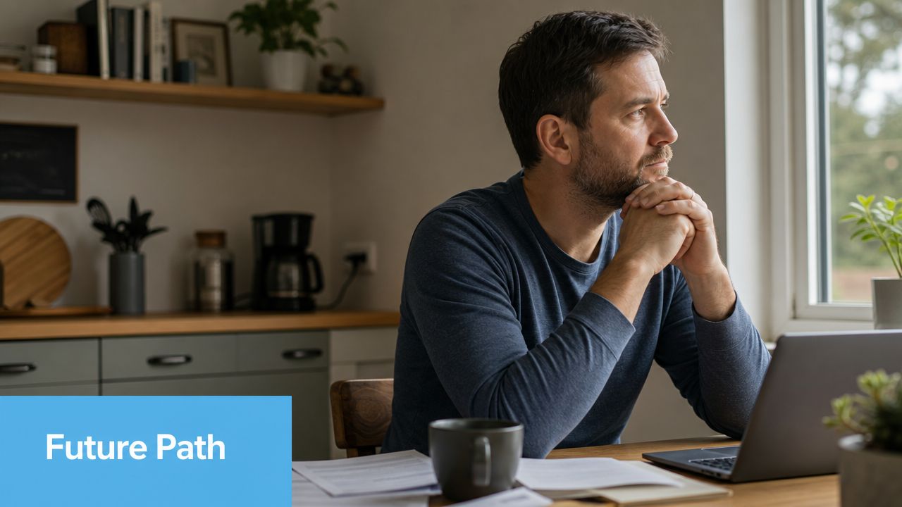 A pensive man sitting at a kitchen table working on a laptop while looking out a window.