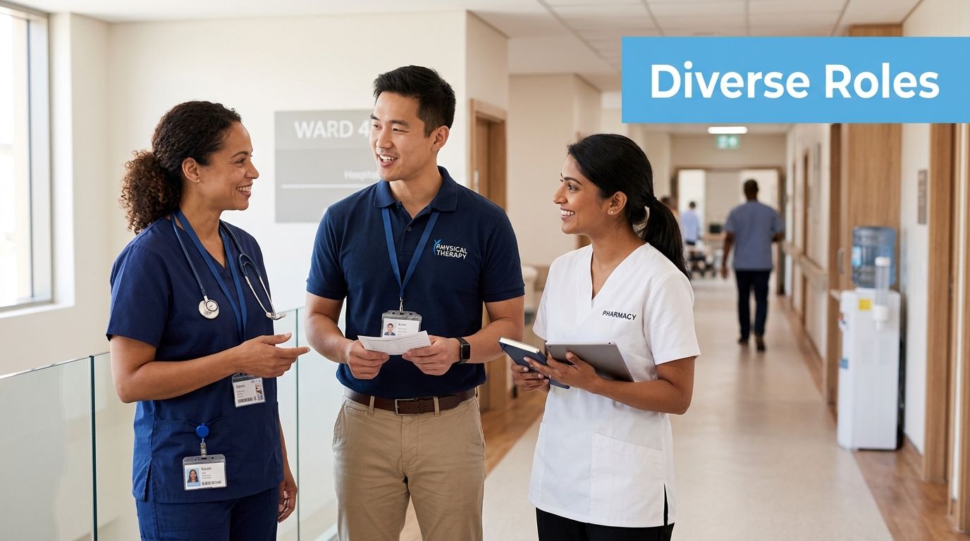 A diverse group of healthcare professionals including a nurse, therapist, and pharmacist talking in a hospital corridor.