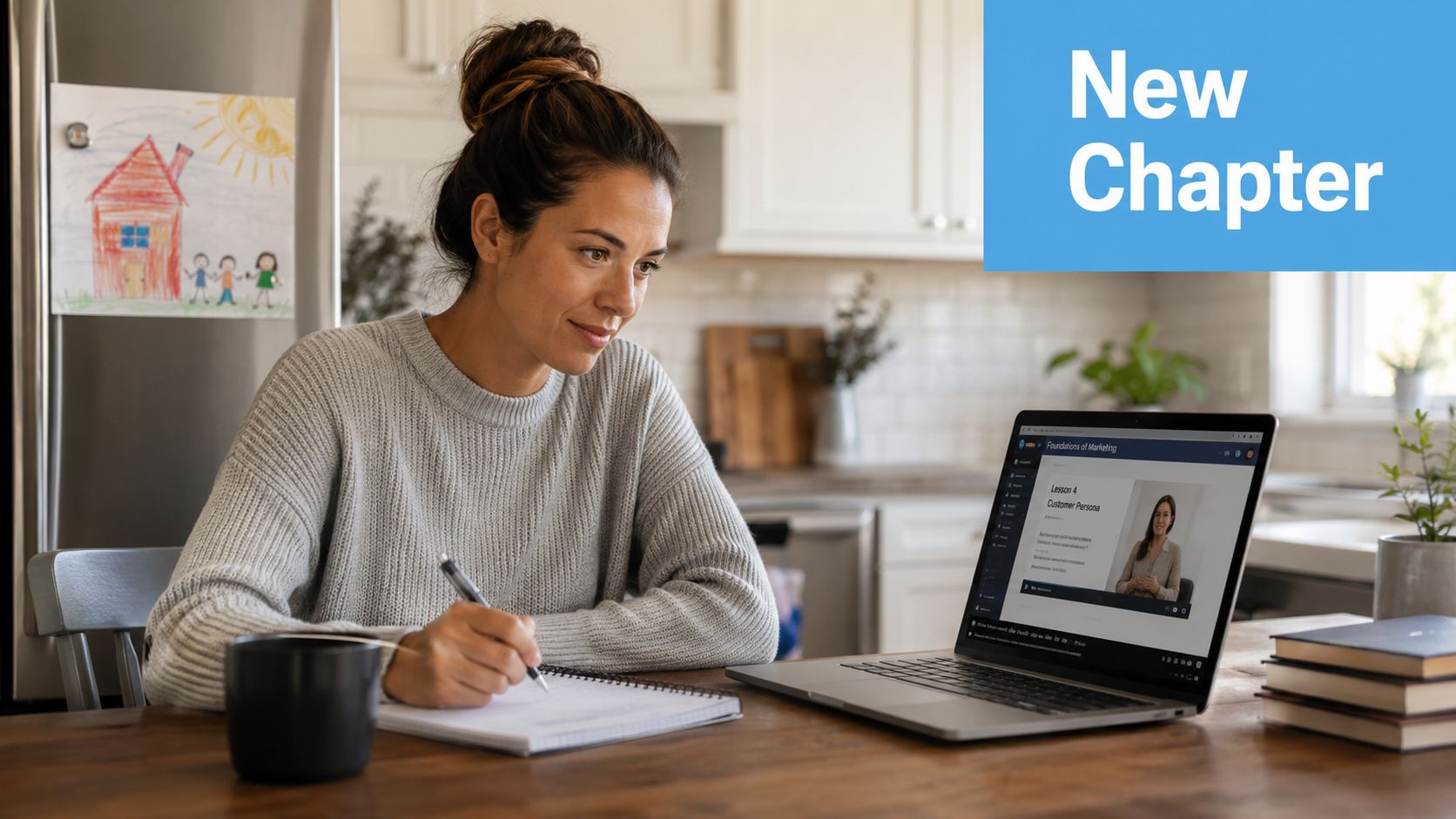 A focused woman studying online on her laptop while taking notes at a wooden kitchen table.