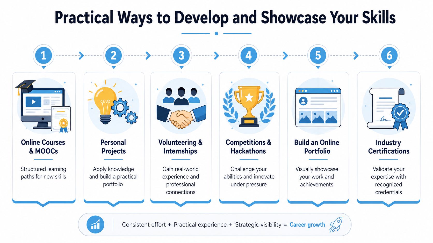 An infographic illustrating six practical ways to develop and showcase professional skills for career growth.