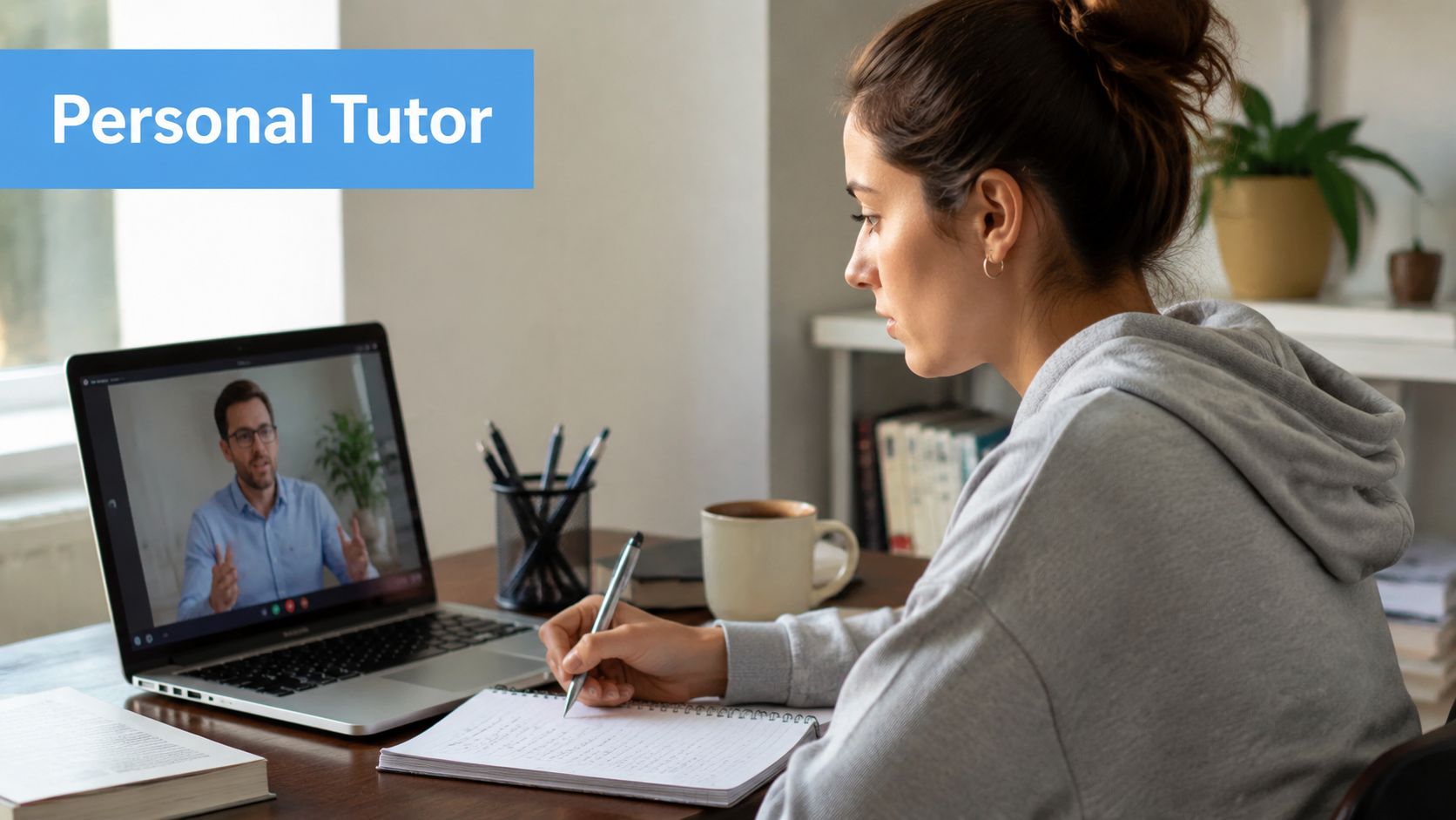 A young woman wearing a gray hoodie studying and taking notes during a virtual online tutoring session.