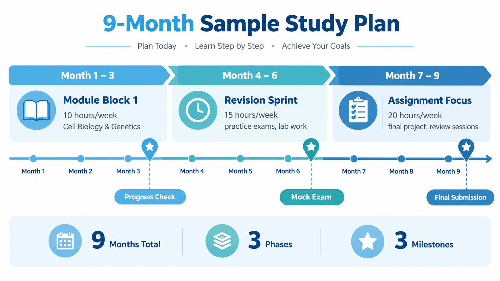 A 9-month sample study plan timeline featuring three phases, modules, and major milestones for academic success.