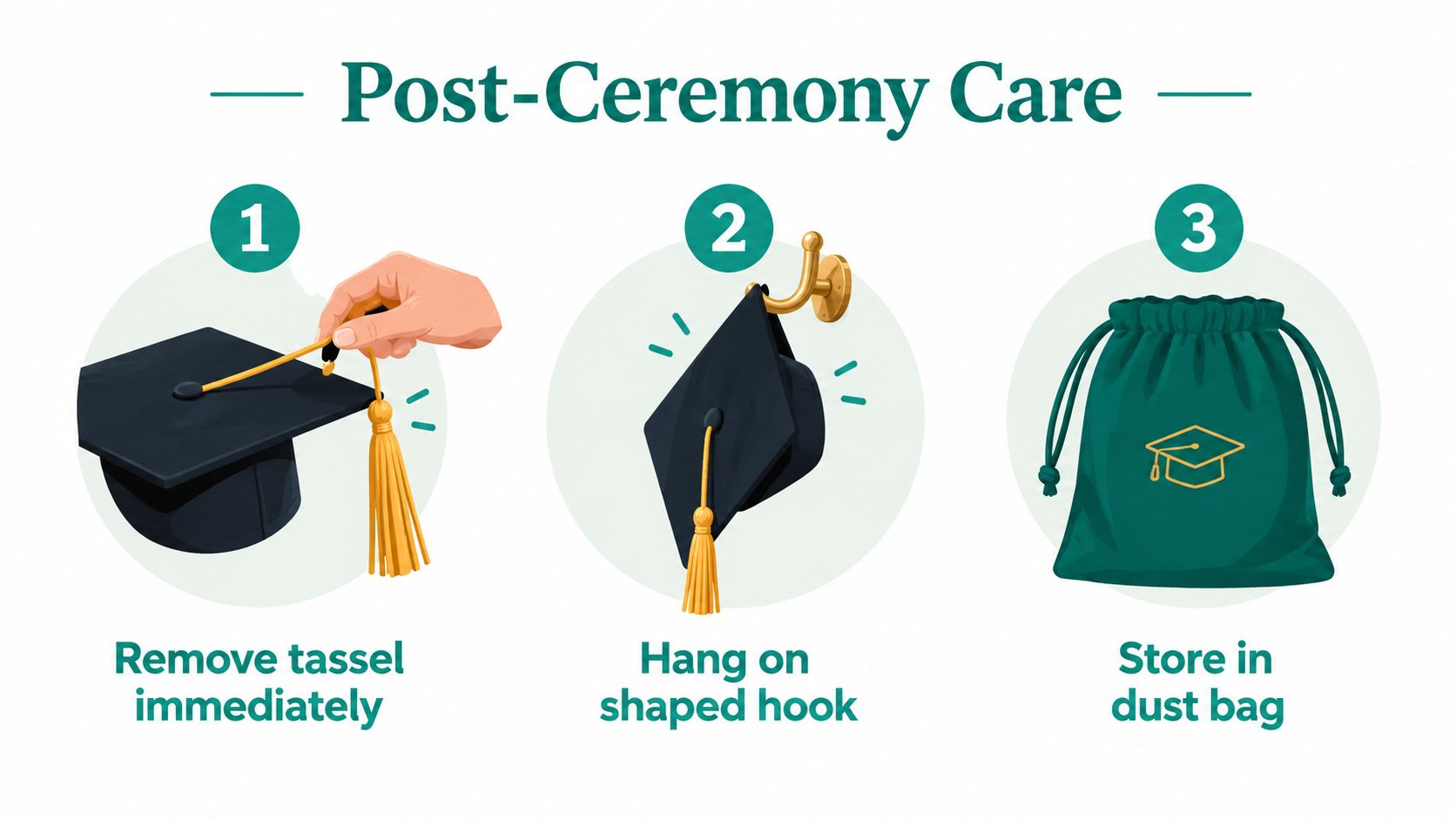 An infographic showing steps for post-ceremony care of a doctoral regalia hat using three simple illustrations.