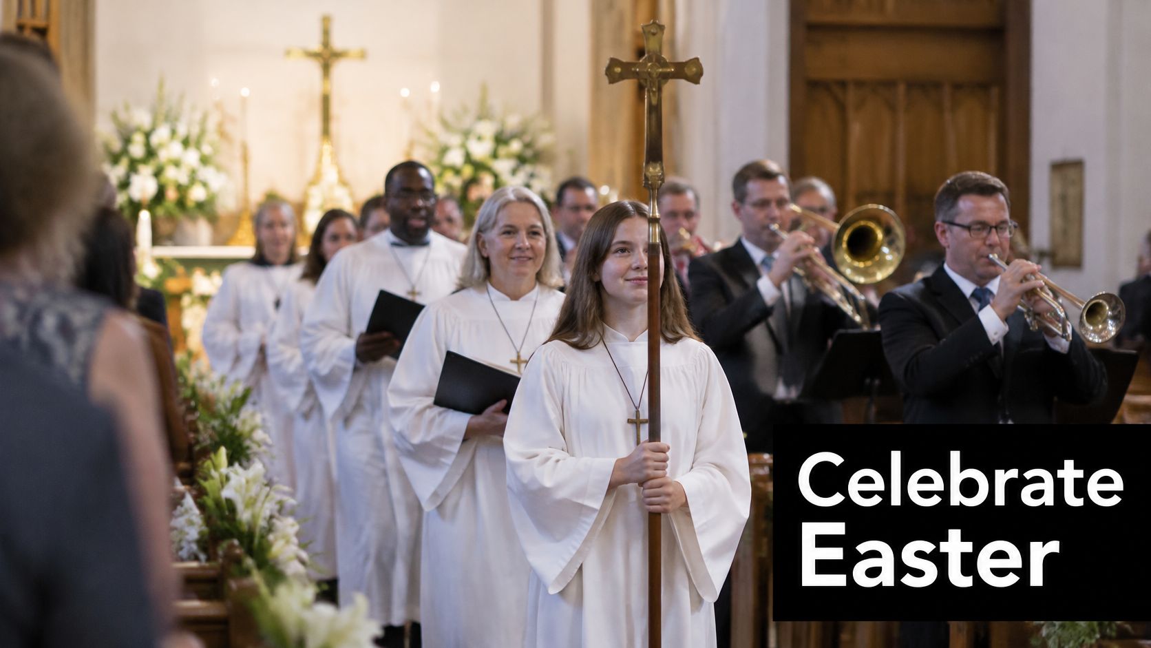 A young girl carrying a processional cross leads a group in white robes during an Easter church service.