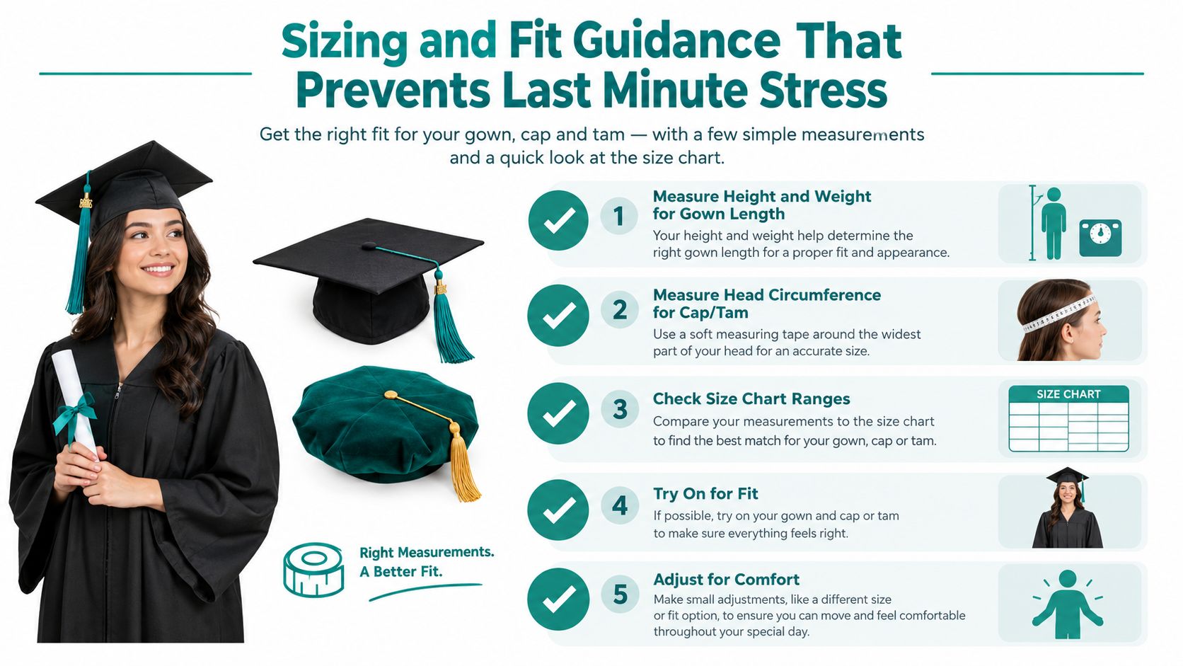 An infographic illustrating five easy steps for measuring and fitting a graduation cap, gown, and tam.