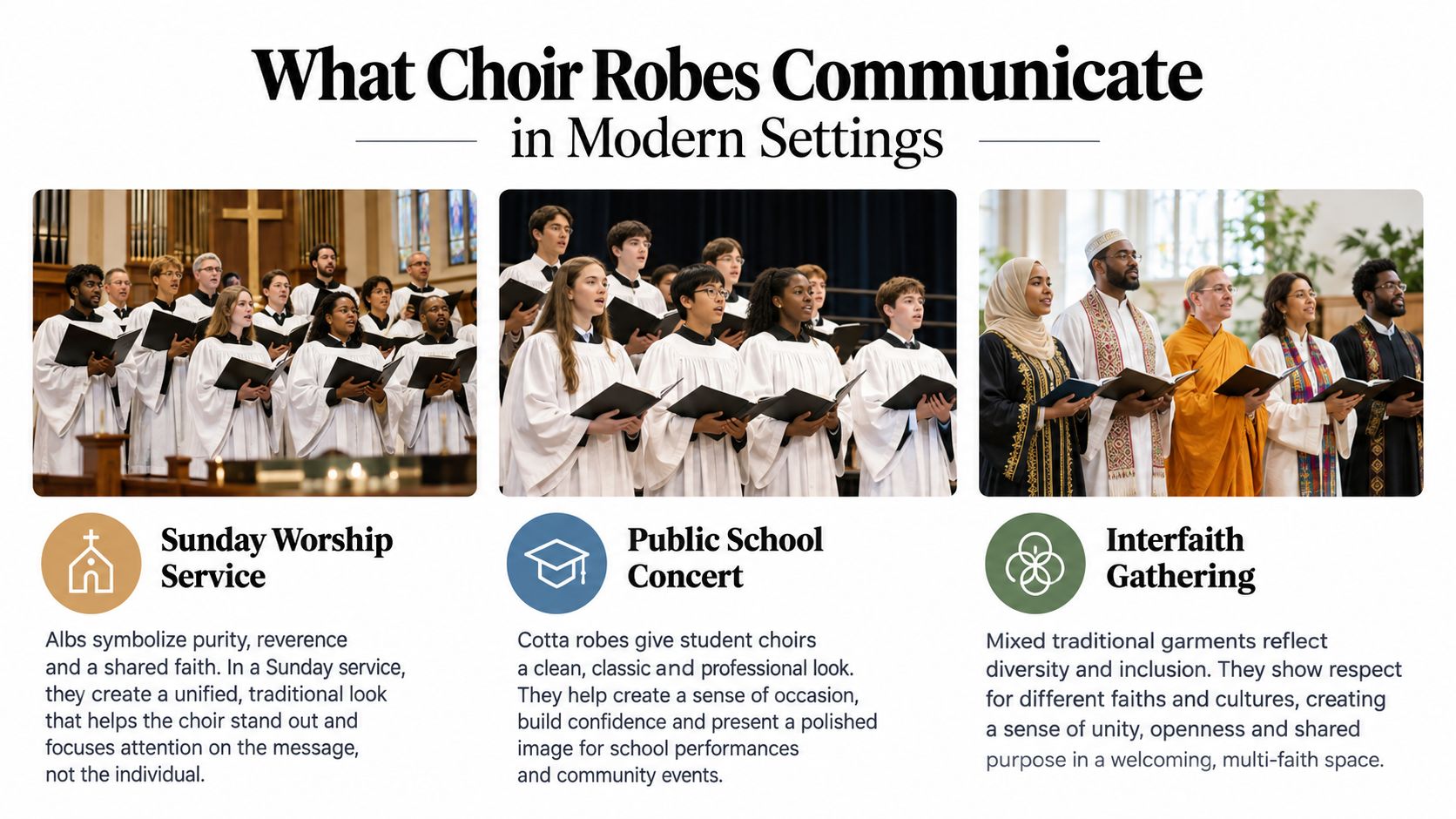 Three images showing choir members wearing different robes in a church service, school concert, and interfaith gathering.
