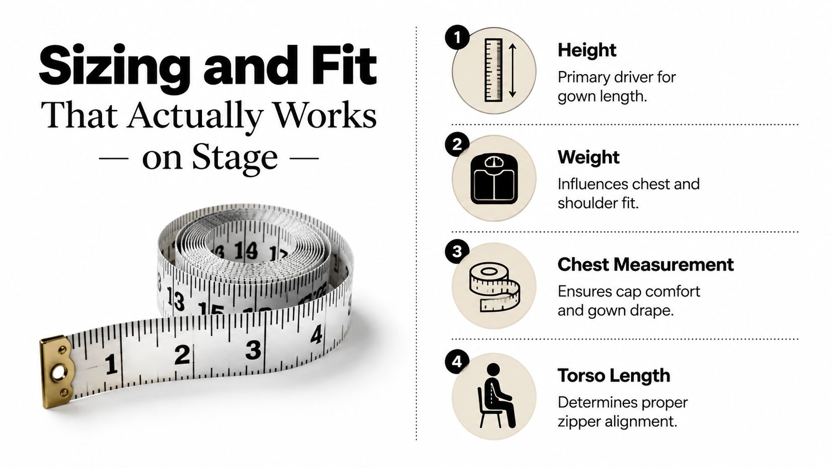 An infographic showing four key body measurements required for achieving the perfect high school cap and gown fit.