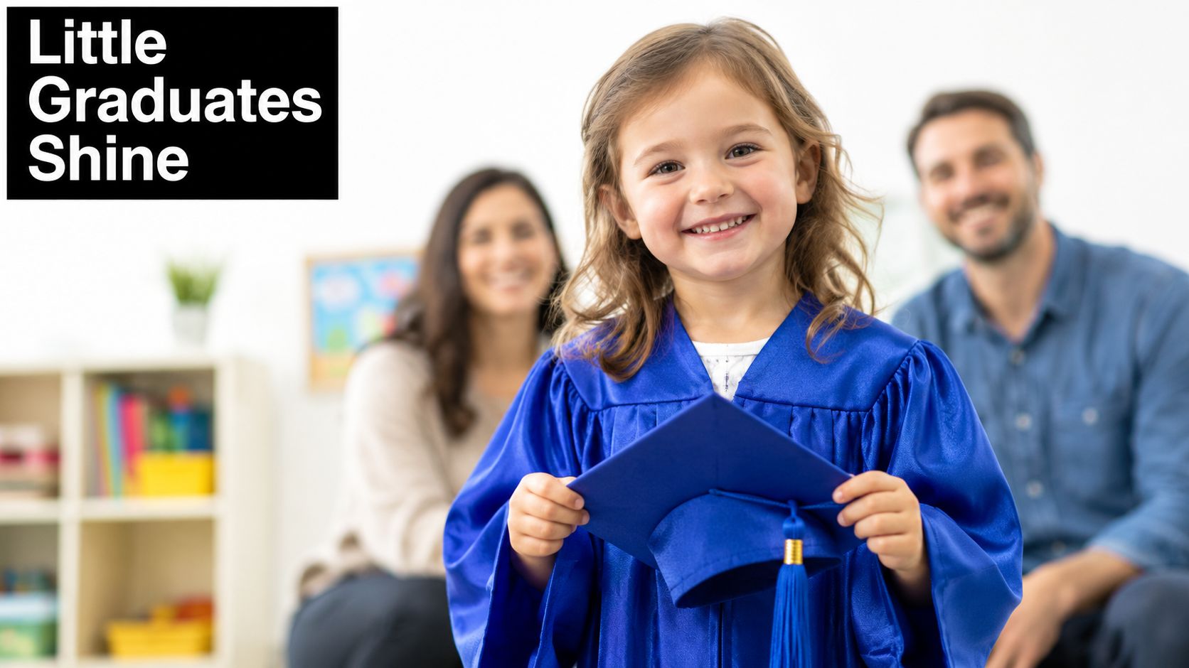 A young girl in a blue graduation gown holding a cap, with parents smiling in the background.