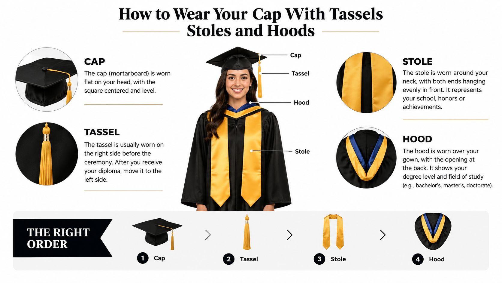 An infographic showing the correct way to wear a graduation cap, tassel, stole, and academic hood.
