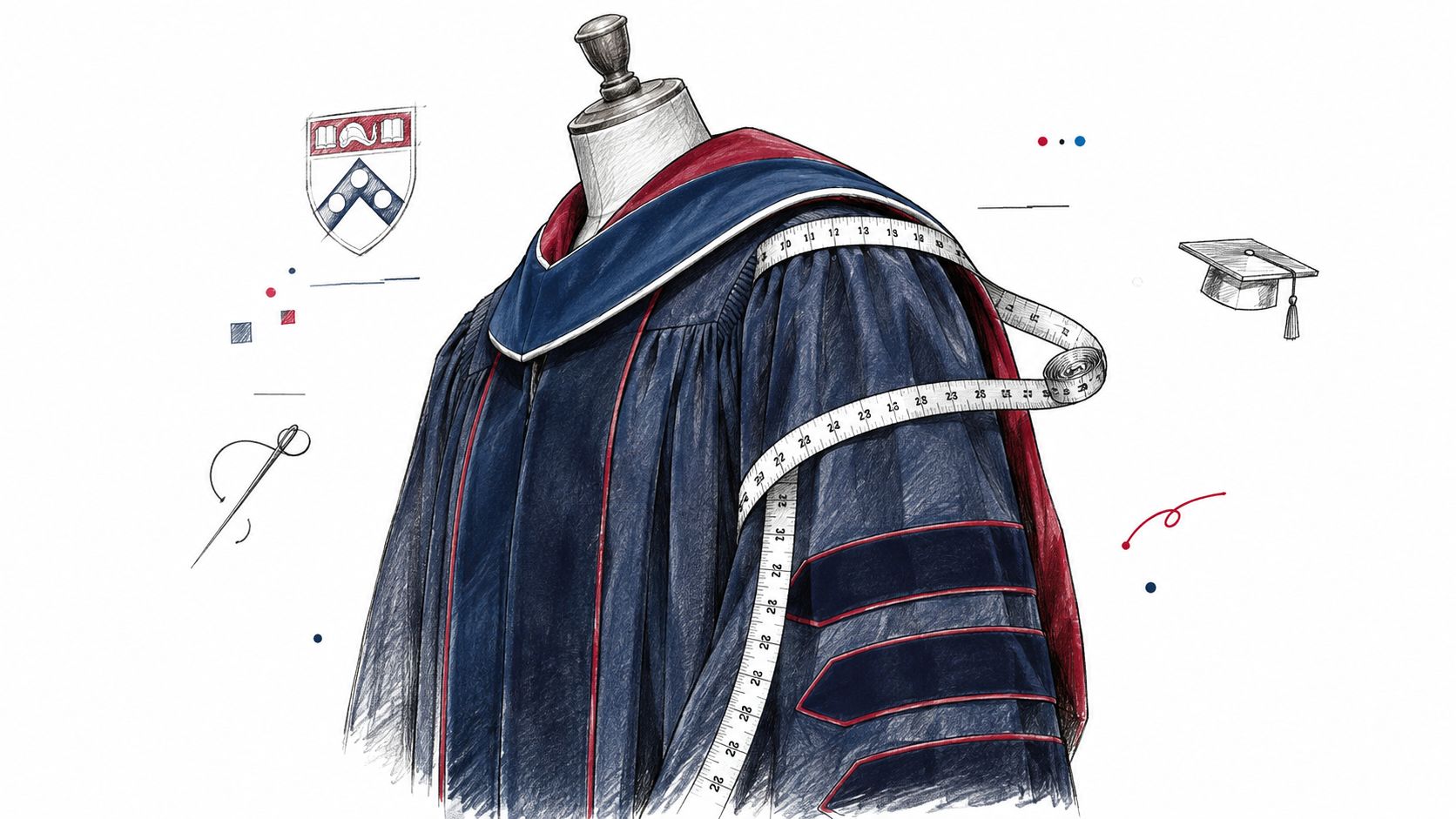 An artistic sketch of a formal academic graduation gown and cap with a measuring tape.