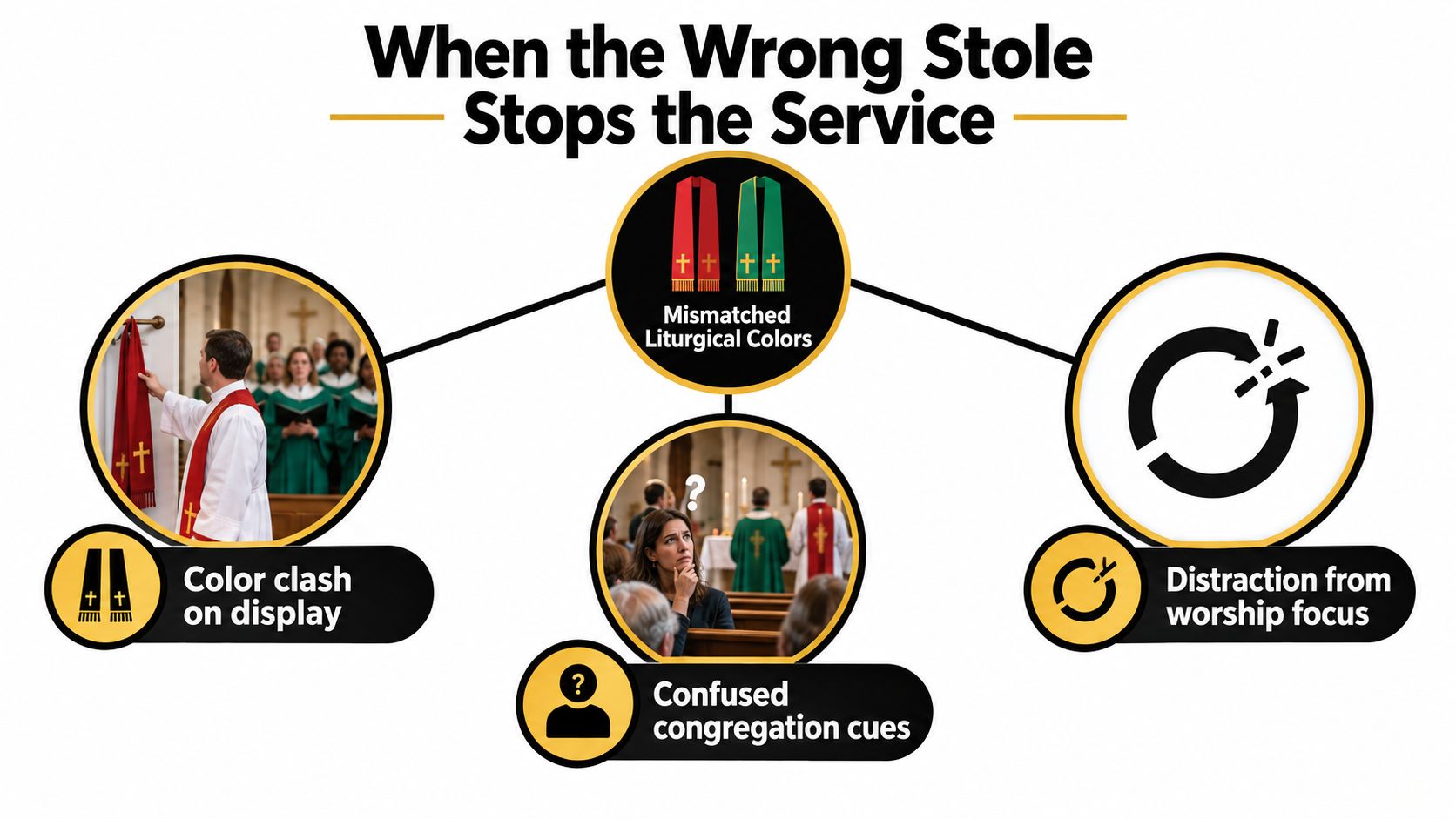 A diagram explaining how incorrect liturgical stoles cause service distractions with visual examples of color clashing.