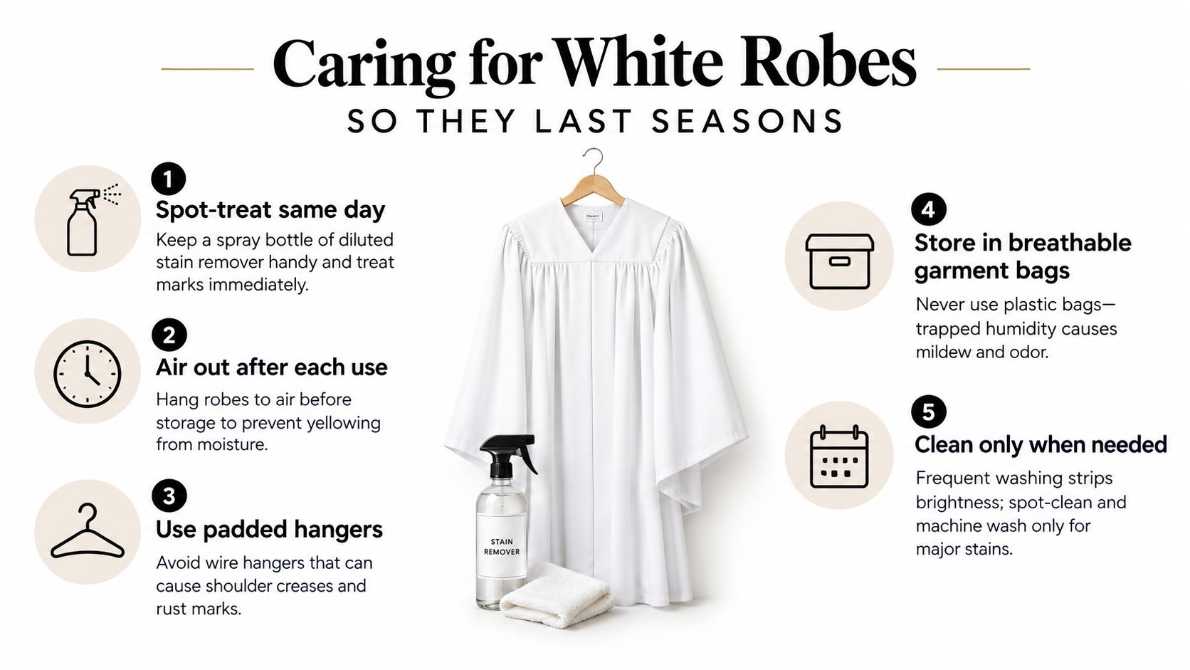 An infographic titled Caring for White Robes showing five essential steps for maintaining choir garment quality.
