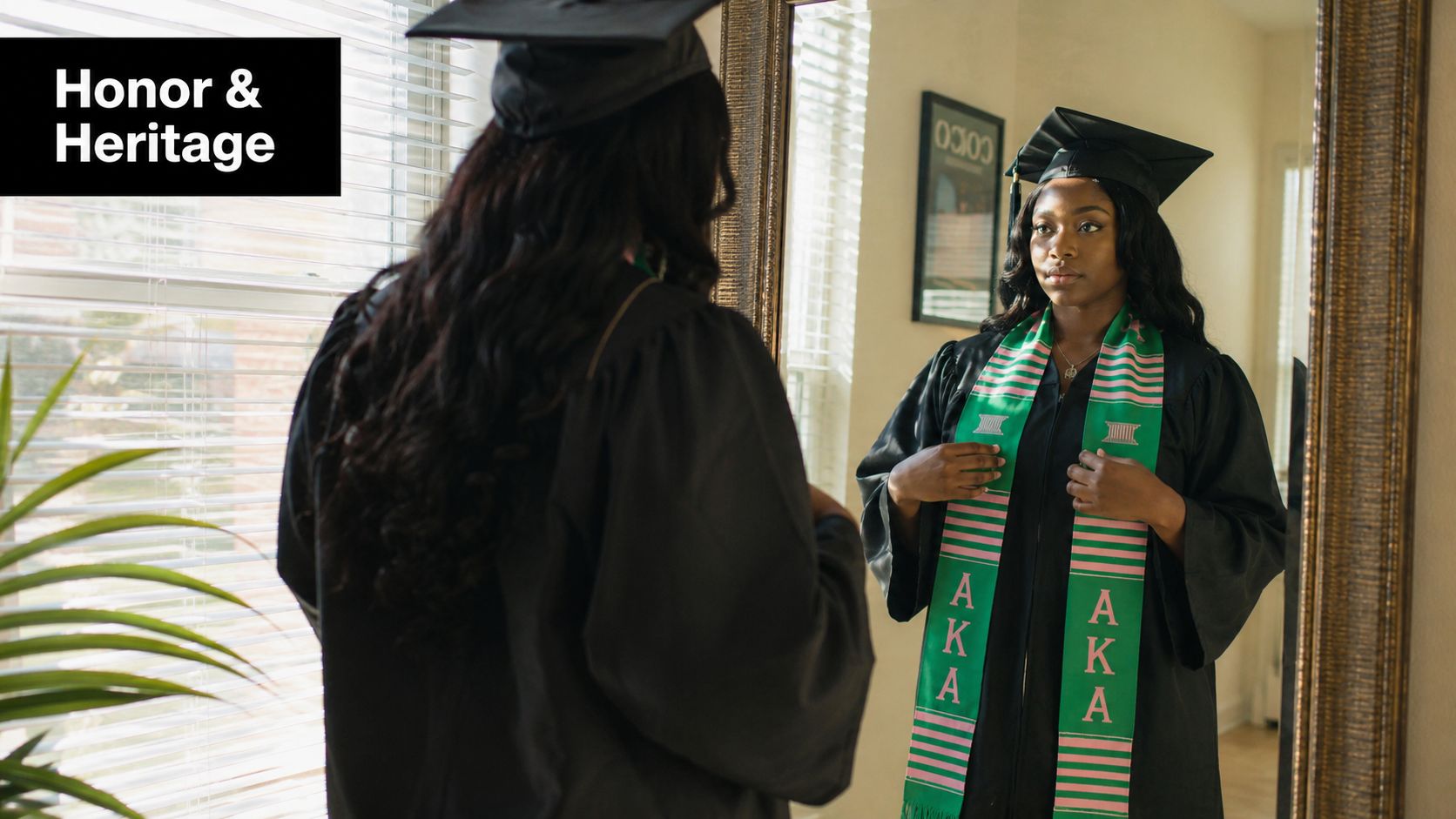 A graduating student in a cap and gown adjusts her green and pink AKA graduation stole.