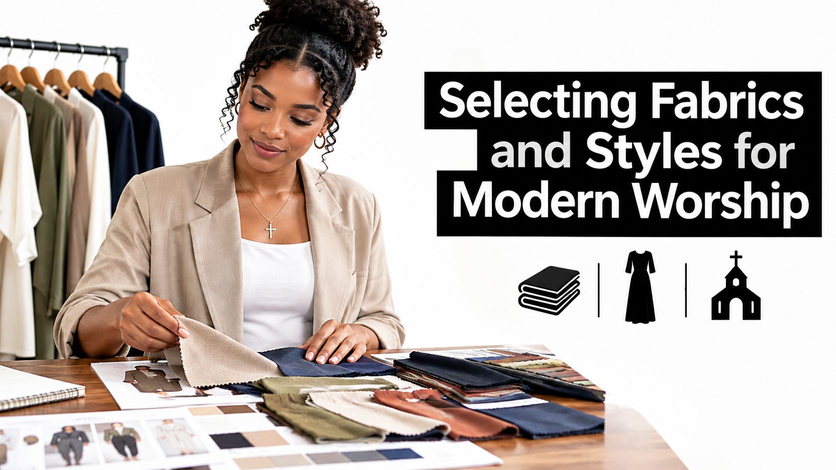 A fashion designer examining fabric swatches at a desk for modern church choir robes and apparel.