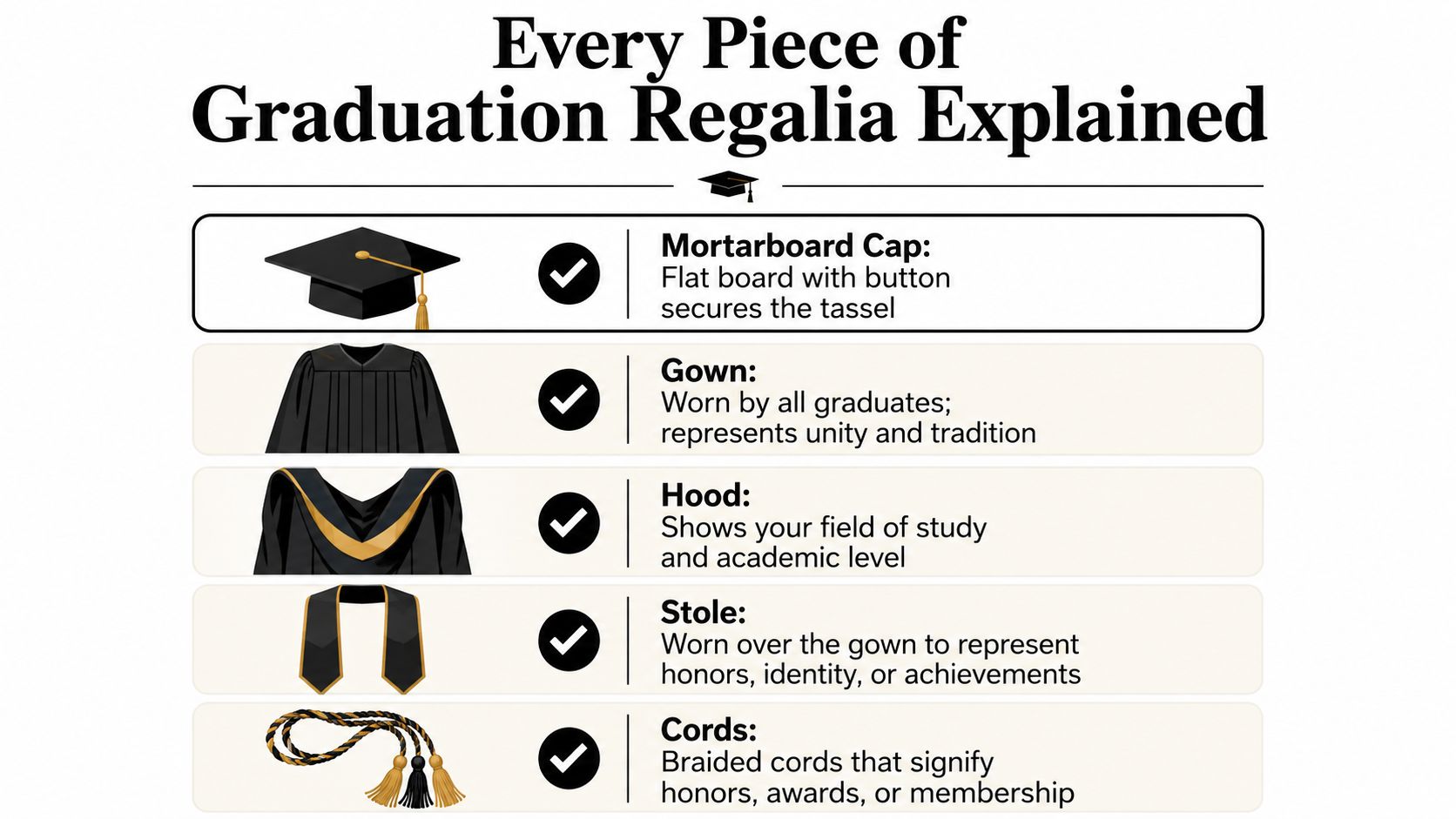 An infographic titled Every Piece of Graduation Regalia Explained showing icons and descriptions of academic attire.