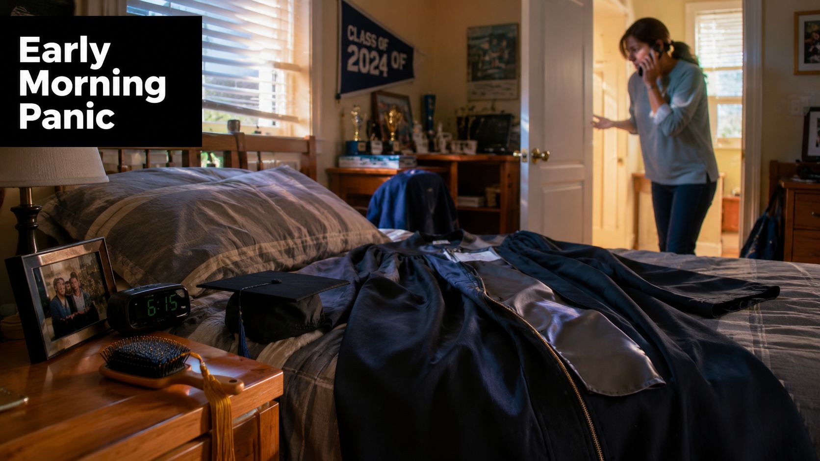 A concerned woman on her phone stands in a bedroom with a graduation gown on the bed.