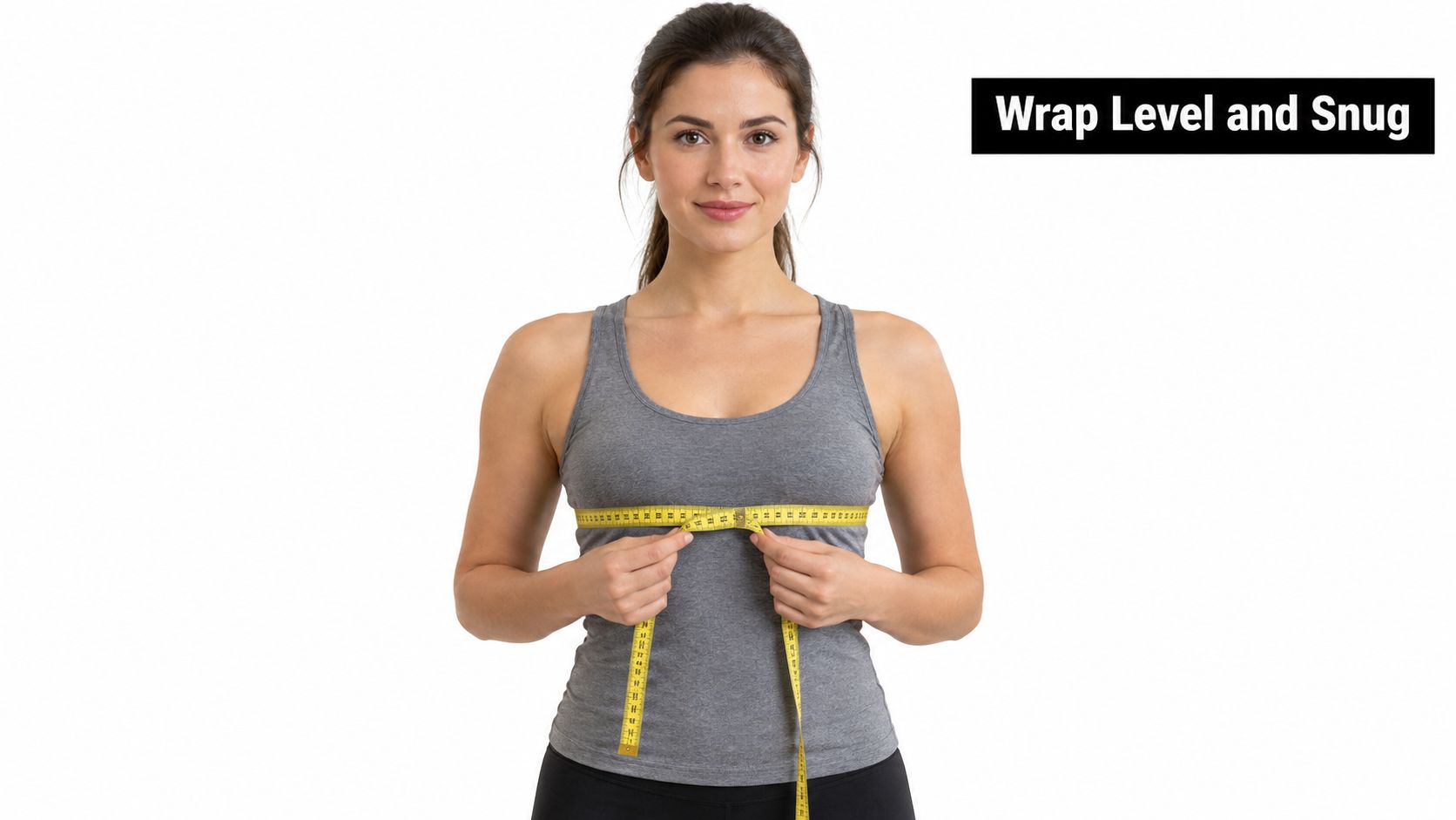A woman demonstrating how to measure chest size using a yellow measuring tape around her torso.