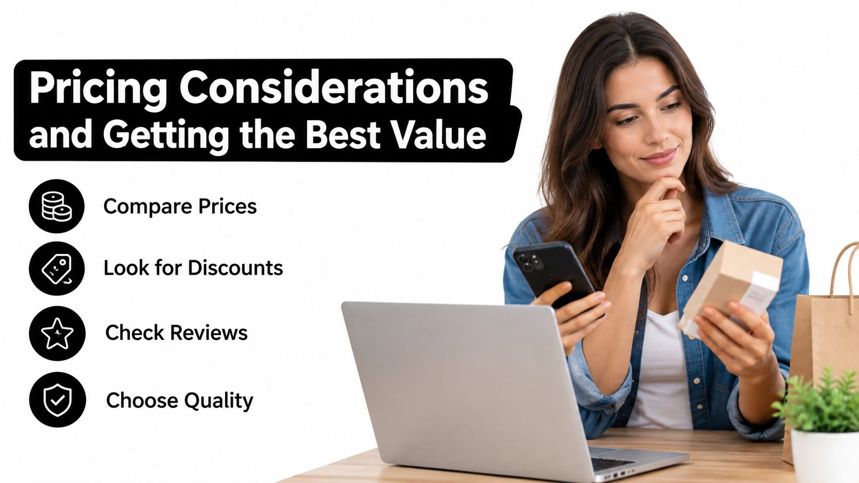 A woman holding a product box and smartphone while looking at a pricing guide checklist.