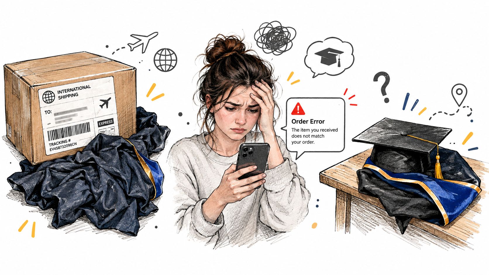 A stressed student looking at a smartphone screen showing an order error message regarding graduation regalia delivery.