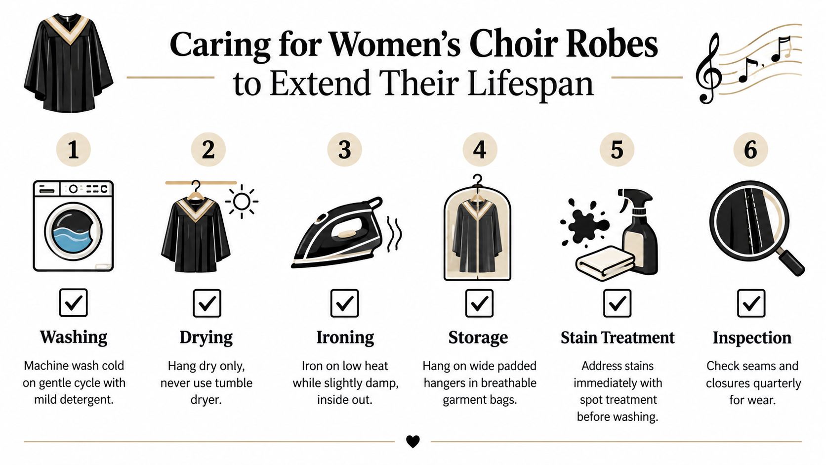 An infographic detailing six steps to clean and maintain women's choir robes to ensure longevity.