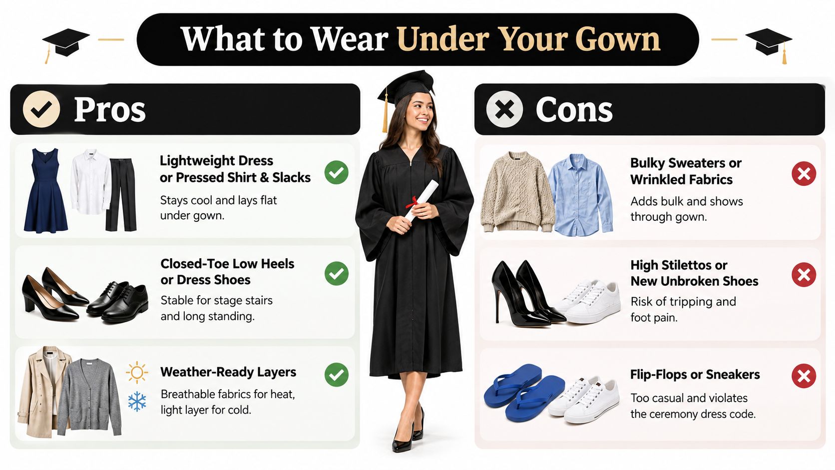 An infographic displaying graduation ceremony clothing dos and don'ts, highlighting recommended outfits and shoes to wear.