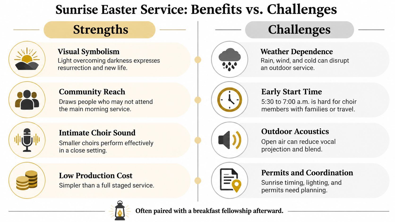 A comparison chart highlighting the various benefits and potential challenges of hosting an outdoor sunrise Easter church service.