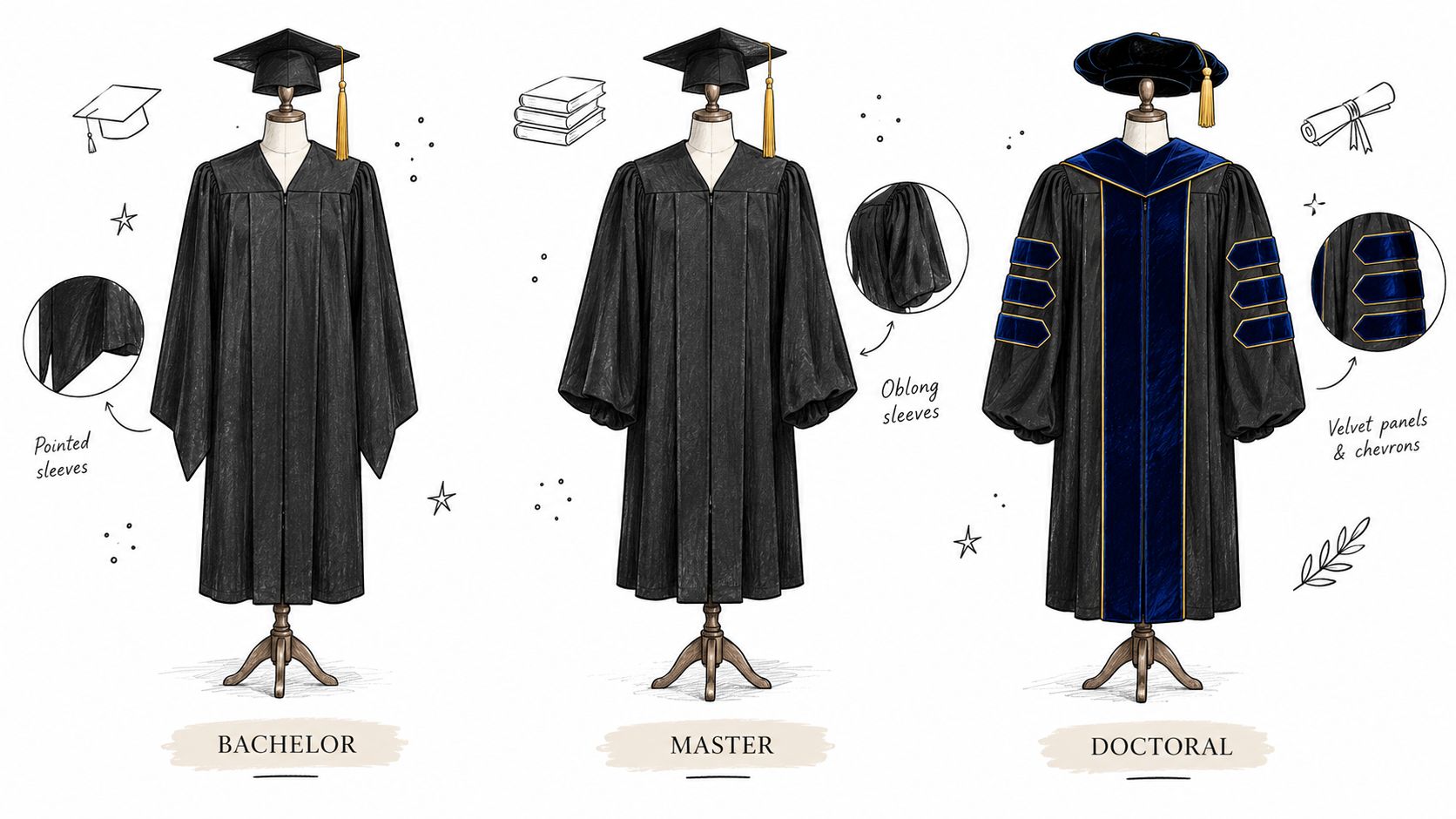 A diagram comparing academic regalia for bachelor, master, and doctoral degree graduation gowns on mannequins.